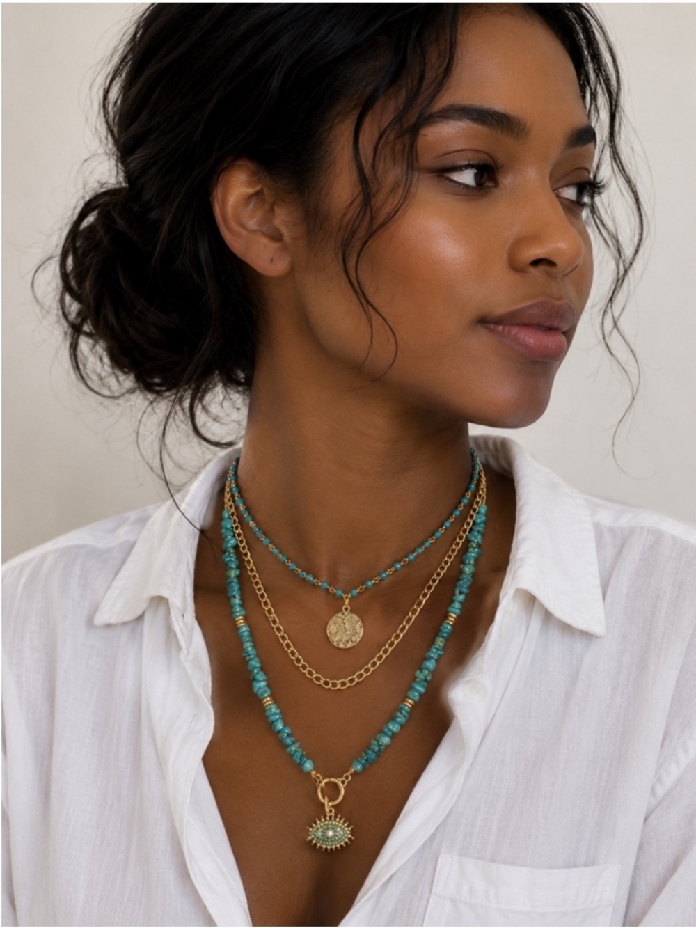 New! Preppy Boho Turquoise Beaded Evil Eye Necklace Stack Set NWOT 5009